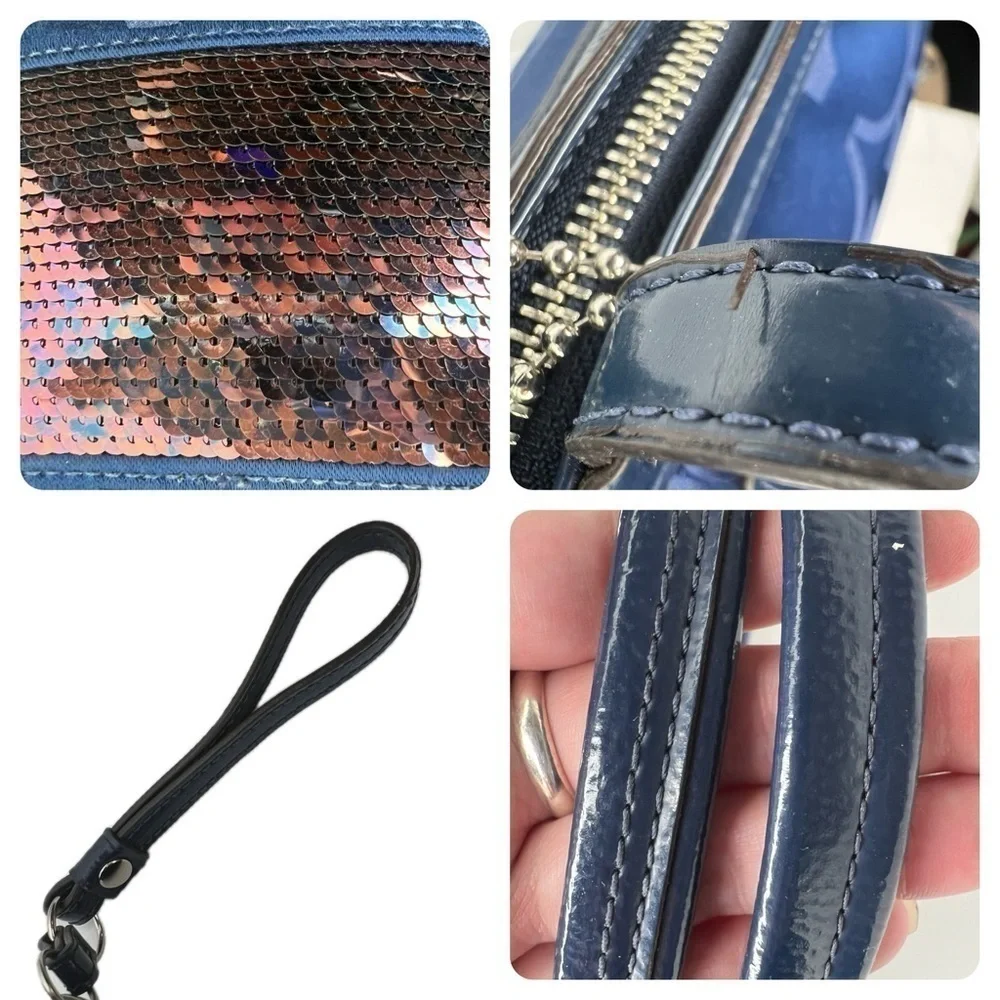 Coach F17574 Signature Tote Handbag Satin Sequins Medium Blue Bag
